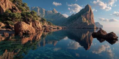 Coastal landscape featuring rugged cliffs and calm waters at sunrise near a tranquil bay photo