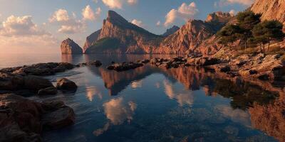 Stunning coastal landscape at sunset showcasing rocky cliffs and tranquil waters in a serene location photo