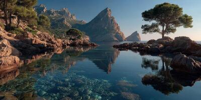 Majestic coastal landscape with rocky cliffs and tranquil waters during sunset at a serene location photo