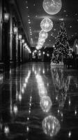 Elegant corridor adorned with festive lights and a majestic Christmas tree during holiday season photo