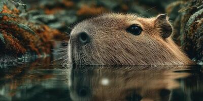 Capybara emerges from water in lush greenery during a tranquil morning in the wild photo