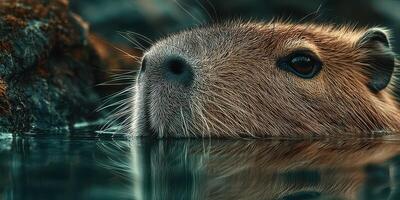 Capybara resting in calm water surrounded by natural rocks during daylight hours in its habitat photo