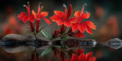 Bright red flowers bloom on rocky shores by a tranquil water surface in a natural setting during golden hour photo