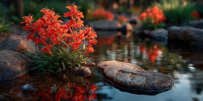 Flowers bloom beside tranquil water in a serene garden setting during sunset hours photo