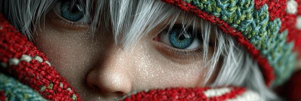 Young person with striking blue eyes wrapped in a colorful knitted scarf during winter season photo