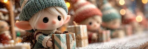 Young elf characters celebrate winter holiday by preparing gifts with joy and cheer in a festive village setting photo
