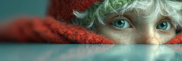 Child with striking blue eyes peeking out from under a red scarf on a cold winter day photo