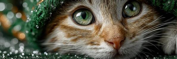 Cute cat hiding under a green blanket with sparkling decorations during a festive celebration photo