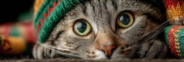 Cat with vibrant hat resting indoors in cozy atmosphere during winter season, showcasing large expressive eyes and playful demeanor photo