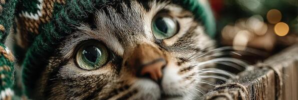 Cute tabby cat wearing a green knitted hat sits in a festive basket surrounded by holiday decorations in a cozy indoor setting photo
