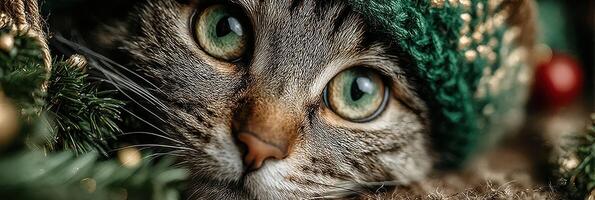 Cat wearing a green hat, resting among holiday decorations, with sparkling eyes and a gentle expression during the festive season photo