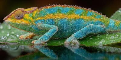 Vibrant chameleon relaxing on a leaf with water droplets in a lush environment during daylight photo
