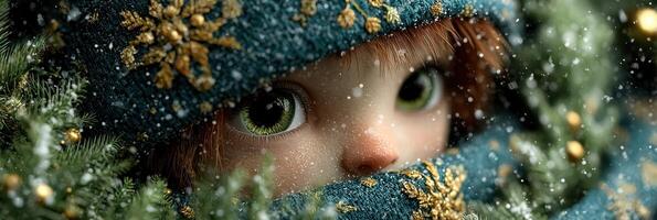 Delicate gaze of a winter child wrapped in a festive scarf surrounded by falling snowflakes in a serene outdoor setting photo