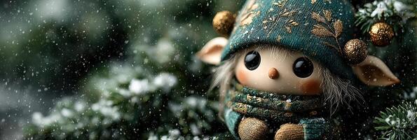 Charming winter elf doll nestled among evergreen branches during a gentle snowfall photo