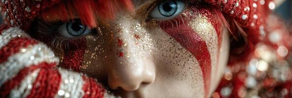 Vibrant close-up of a young performer with striking red makeup and sequined attire at a festive event photo