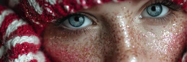 Unique close-up of a person with striking blue eyes, festive makeup, and cozy winter attire in a winter setting photo