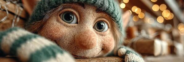 Charming joyful elf with wide eyes enjoying the warmth of holiday decorations in a cozy setting photo