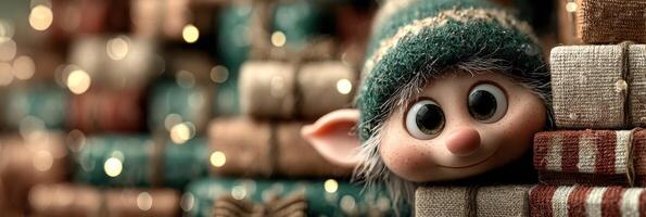 Cheerful elf peeking from behind colorful holiday presents in a cozy setting adorned with lights photo
