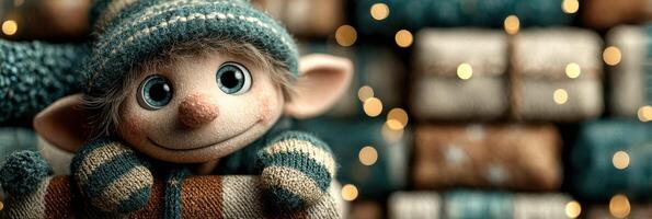 Cute elf character with blue eyes and cozy hat in a festive setting with decorations and warm lights in the background photo