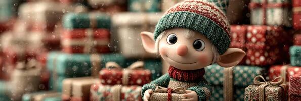 Cheerful elf holding wrapped presents in a festive setting with colorful gift stacks during the holiday season photo