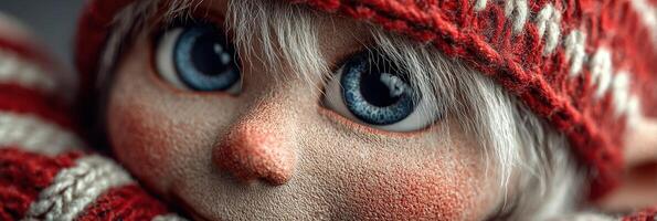 Charming close-up of a whimsical doll with striking blue eyes and cozy knit hat photo