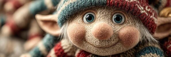 Whimsical elf doll in cozy knitted attire displaying a cheerful expression in a festive setting photo