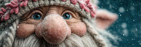 Whimsical garden gnome with sparkling eyes and frosty beard in a snow-filled setting during winter photo