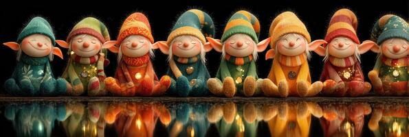 Festive group of colorful elf figurines sitting in a row creating a cheerful atmosphere during the holiday season photo