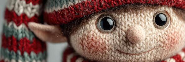 Cute knitted elf toy with striped hat and cheerful expression displayed indoors in soft lighting during the holiday season photo