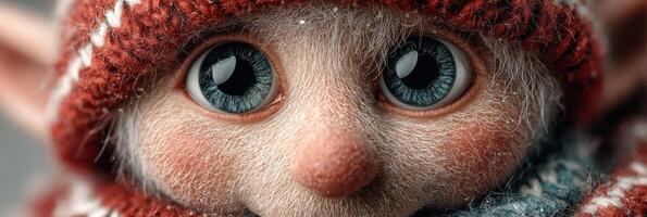 Cute and cuddly winter elf with large blue eyes wrapped in a colorful knit scarf during the chilly holiday season photo