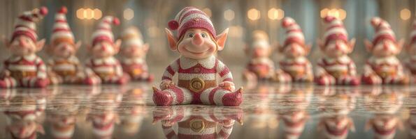 Whimsical gathering of cheerful holiday elves in a festive setting with warm lighting photo