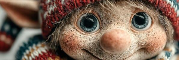 Charming decorative doll with large blue eyes wearing a cozy knit hat in red and white patterns photo
