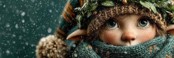 Charming winter elf character with striking eyes and cozy clothing enjoying a snowy day in a magical forest setting photo