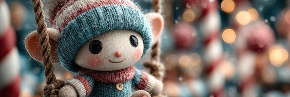 Charming stuffed toy sitting on a swing in a festive winter wonderland with blurred lights in the background photo