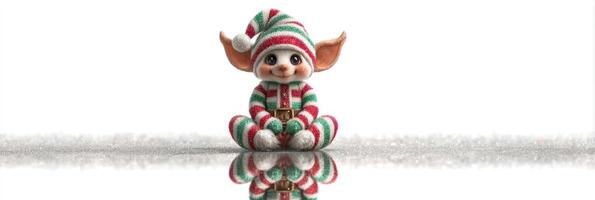 Cute holiday elf character with striped outfit and reflective surface in festive setting photo