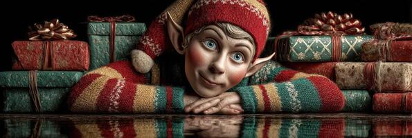 Colorful elf character resting on gifts, printed in beautiful patterns, celebrating the festive season with cheer and joy photo