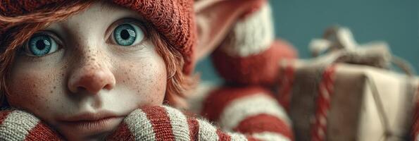 Child in a red and white striped hat looks curiously towards the camera with holiday decorations in the background photo
