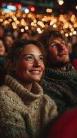 Couple enjoying a cozy evening in a theatre filled with warm lights during a live performance photo
