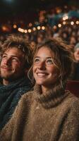 Excitement and joy fill the air at a late-night movie screening in a cozy theater photo