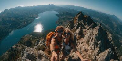 Couple enjoying breathtaking mountain view while hiking at lake during sunny day in summer photo
