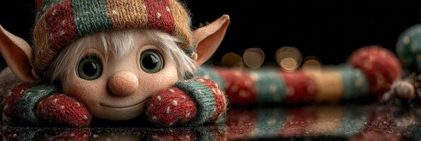 Cute festive elf resting on a shiny surface with a colorful knitted scarf and joyful expression during the holiday season photo