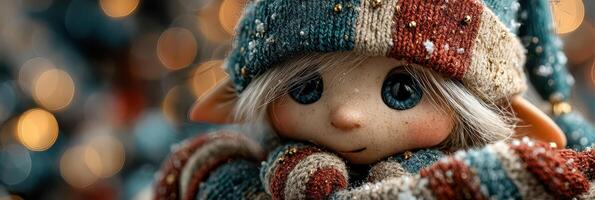 Adorable elf doll dressed in winter attire surrounded by sparkling holiday lights photo