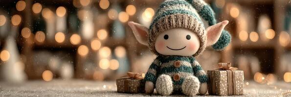 Joyful holiday elf figurine surrounded by small presents in a cozy festive setting with warm lights photo