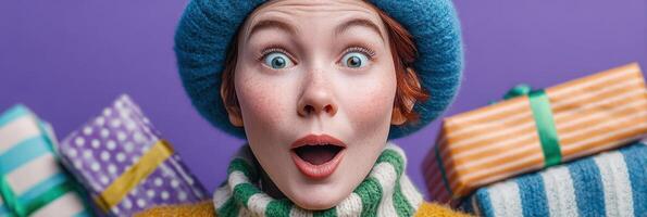 Excitement and joy are expressed by a girl in winter attire surrounded by colorful gifts during the holiday season photo