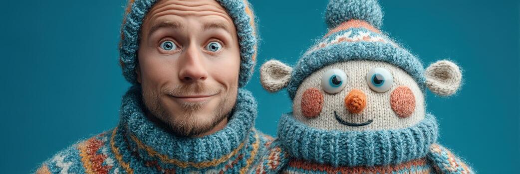 Playful interaction between a man and a handmade snowman toy against a bright backdrop showcases winter fun and creativity photo