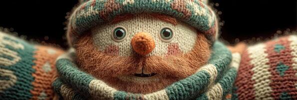 Festive knitted character with cheerful expression in cozy winter attire during holiday season photo