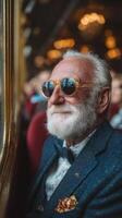 Elderly man wearing sunglasses enjoys a special event inside a grand venue filled with elegant decorations and lively audience photo