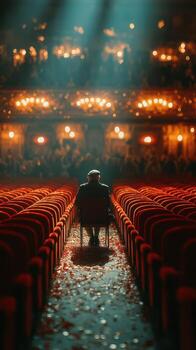 Man sitting alone in an empty theater full of colorful seats during a quiet moment after a performance photo