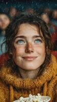 Young woman enjoying a movie while holding popcorn in a cozy theater atmosphere during a winter-themed screening photo