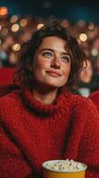 Young woman in cozy red sweater enjoying a movie in a theater with warm lights in the background photo